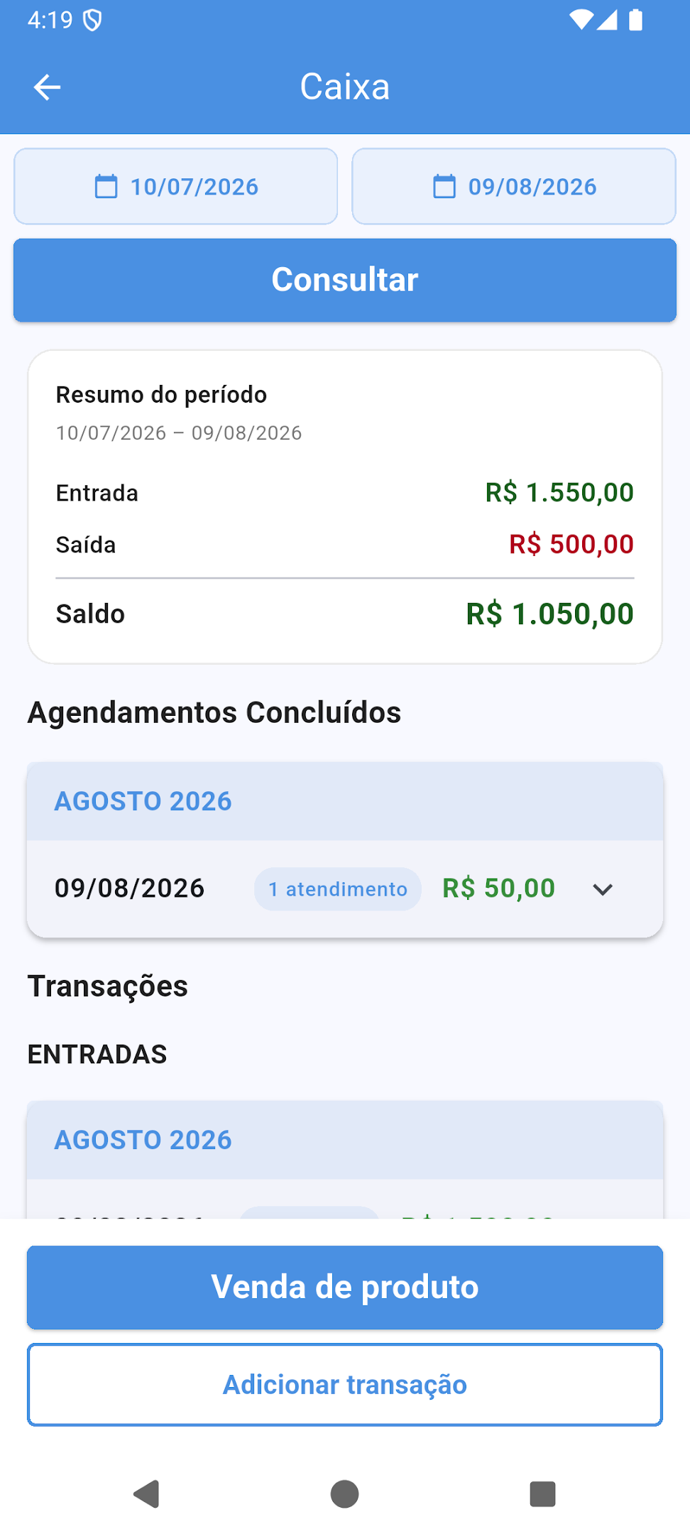 Visão de calendário para o negócio