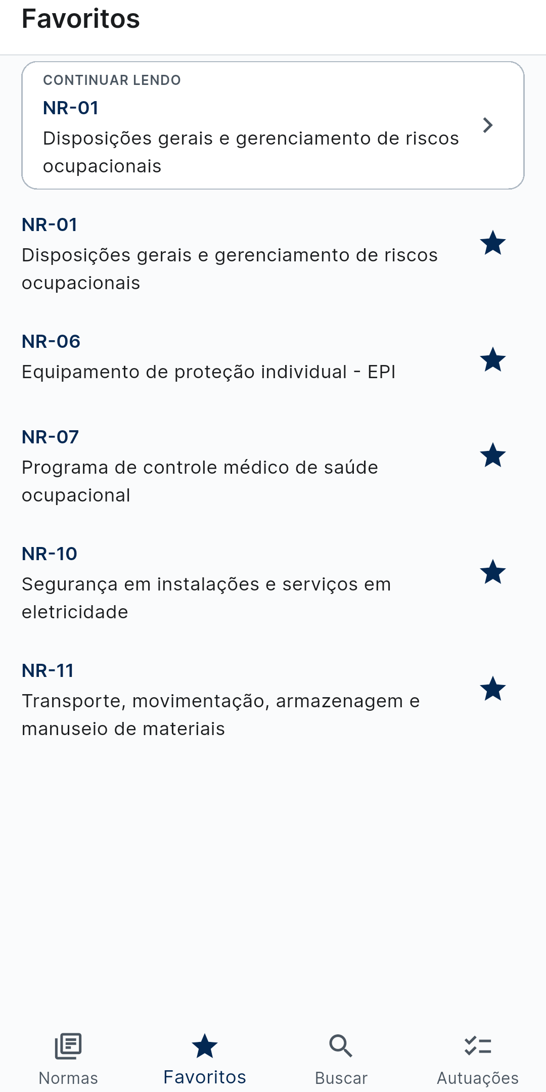 Normas favoritas para acesso rápido