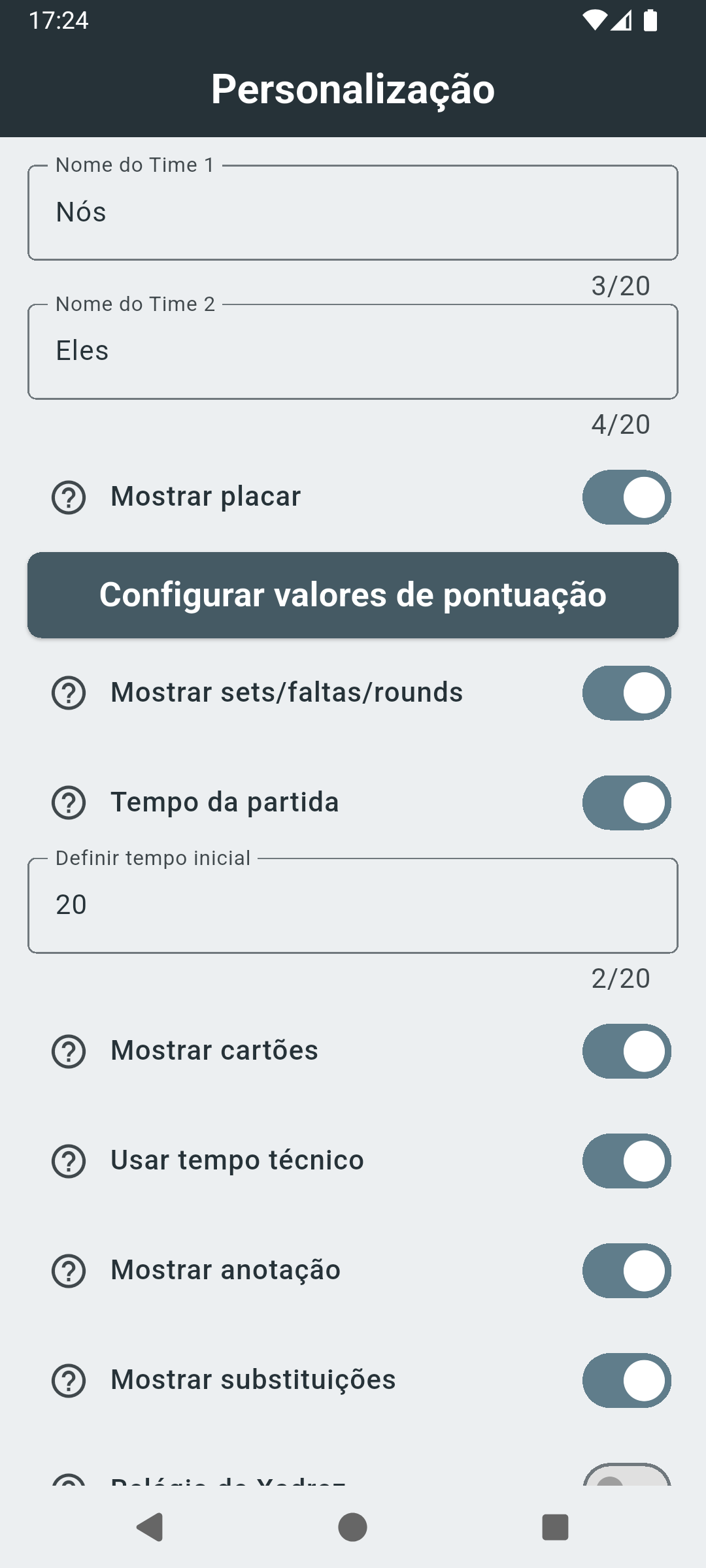 Personalização de cores e layout do placar