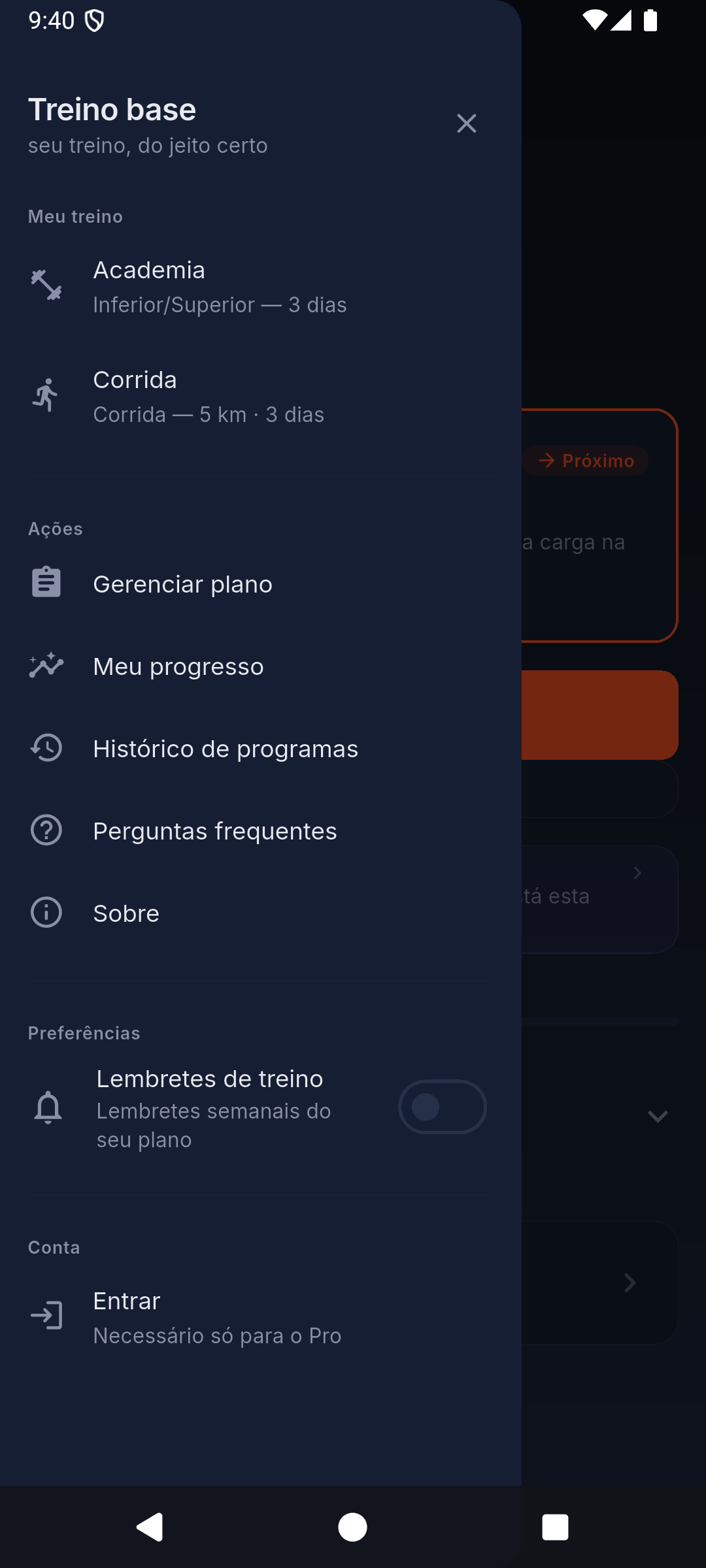 Menu e navegação do app